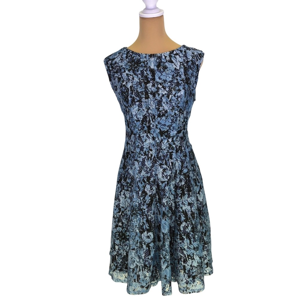 Roz & Ali Floral Lace Fit Flare Dress‎ Size Missy 12 Blue Black Whisigoth Chic